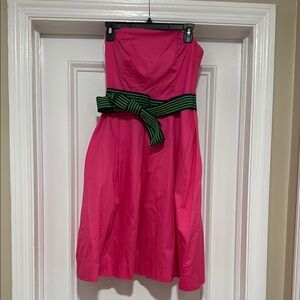 Lilly Pulitzer Pink Strapless Dress with vibrant, navy, and green belt